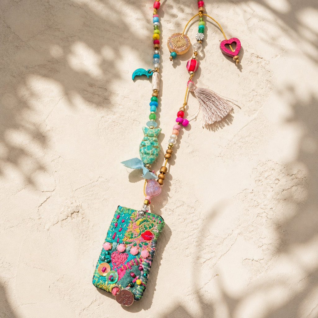 COLLECTION TOPAZE - SAUTOIR " JARDIN FLEURI" VERT ET ROSE MULTICOLORE