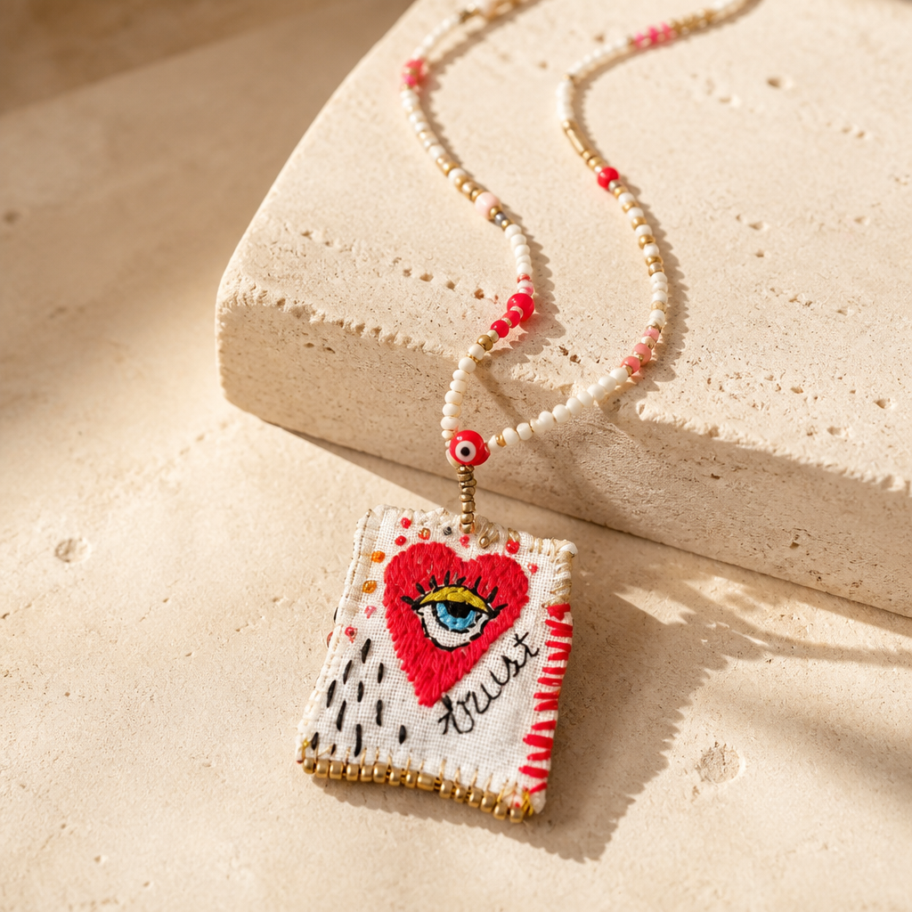 COLLECTION TOPAZE - SAUTOIR "TRUST" COEUR OEIL BLANC ET ROUGE