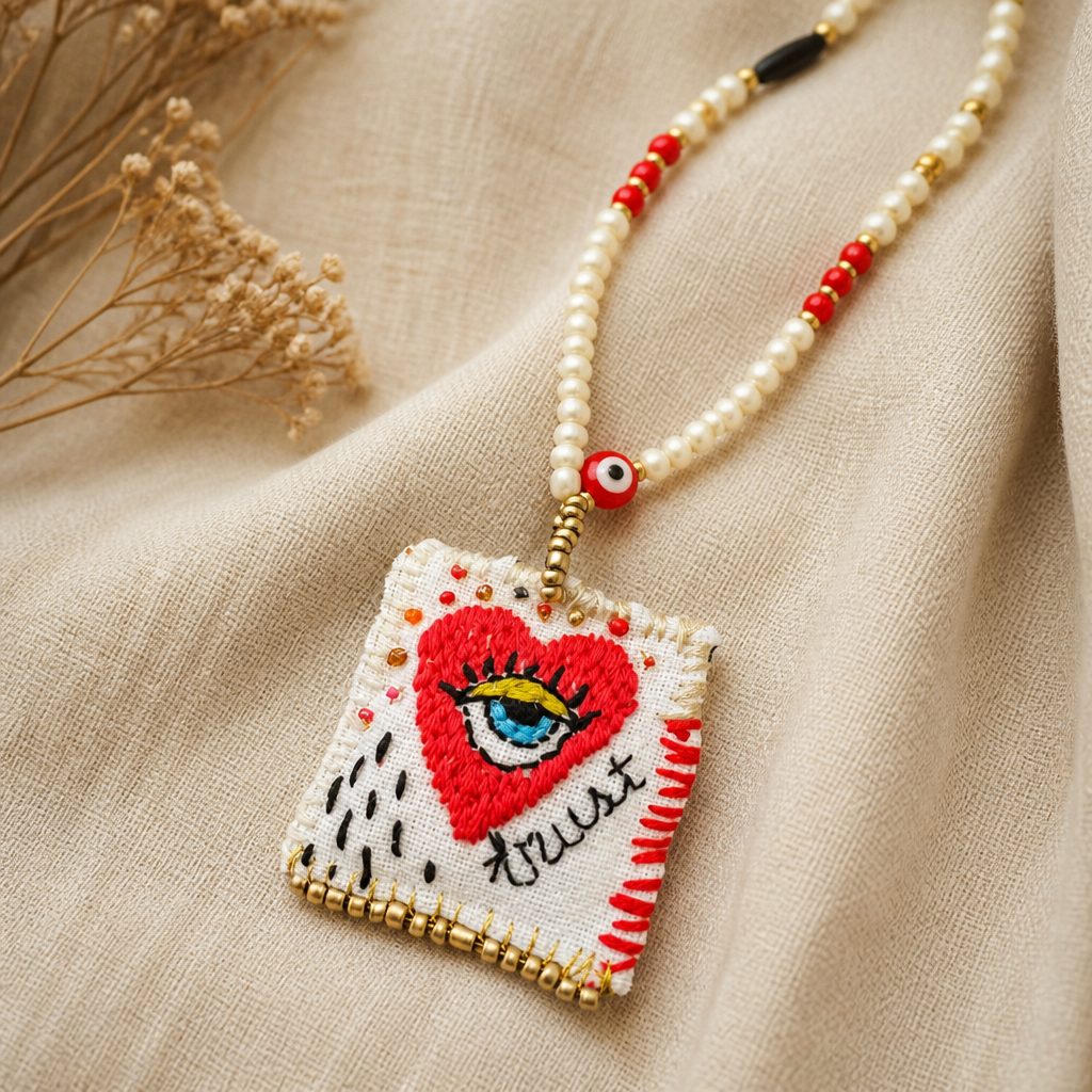 COLLECTION TOPAZE - SAUTOIR "TRUST" COEUR OEIL BLANC ET ROUGE
