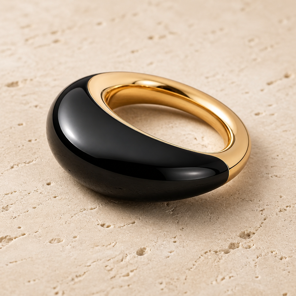 GAS BIJOUX - BAGUE SELVA GRAND MODELE ACÉTATE NOIR - MÉTAL DORÉ - TAILLE 3
