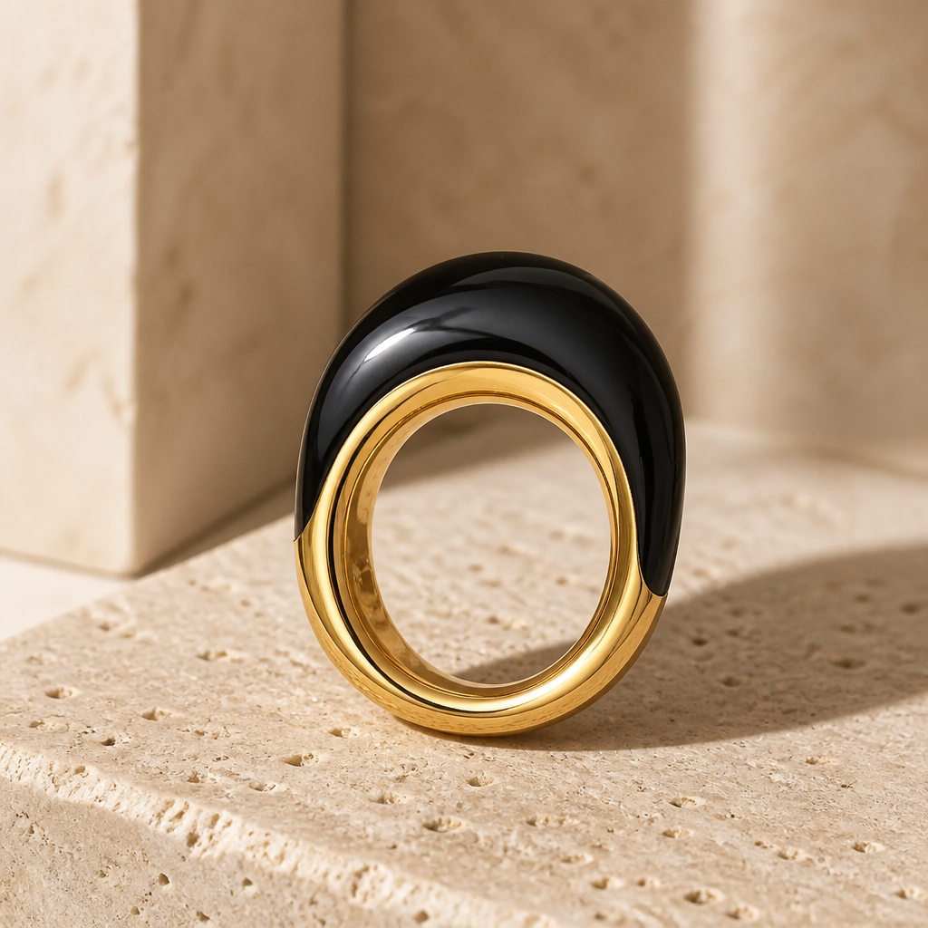 GAS BIJOUX - BAGUE SELVA GRAND MODELE ACÉTATE NOIR - MÉTAL DORÉ - TAILLE 3