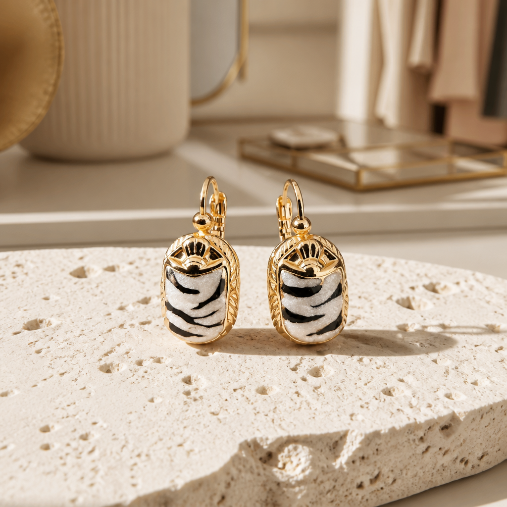 GAS BIJOUX - BOUCLES D'OREILLES SCARMOUCHE ÉMAILLÉES - ZEBRÉES - métal doré