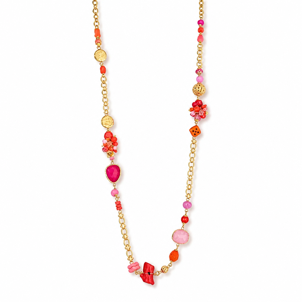 GAS BIJOUX - SAUTOIR VICTORIENN- ROSE ET ROUGE - métal doré