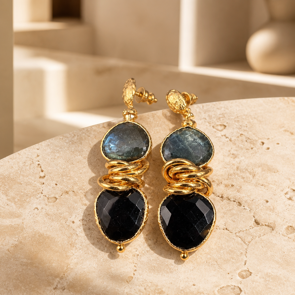 GAS BIJOUX - BOUCLES D'OREILLES SIRENA 2.0 - LABRADORITE ET ONYX