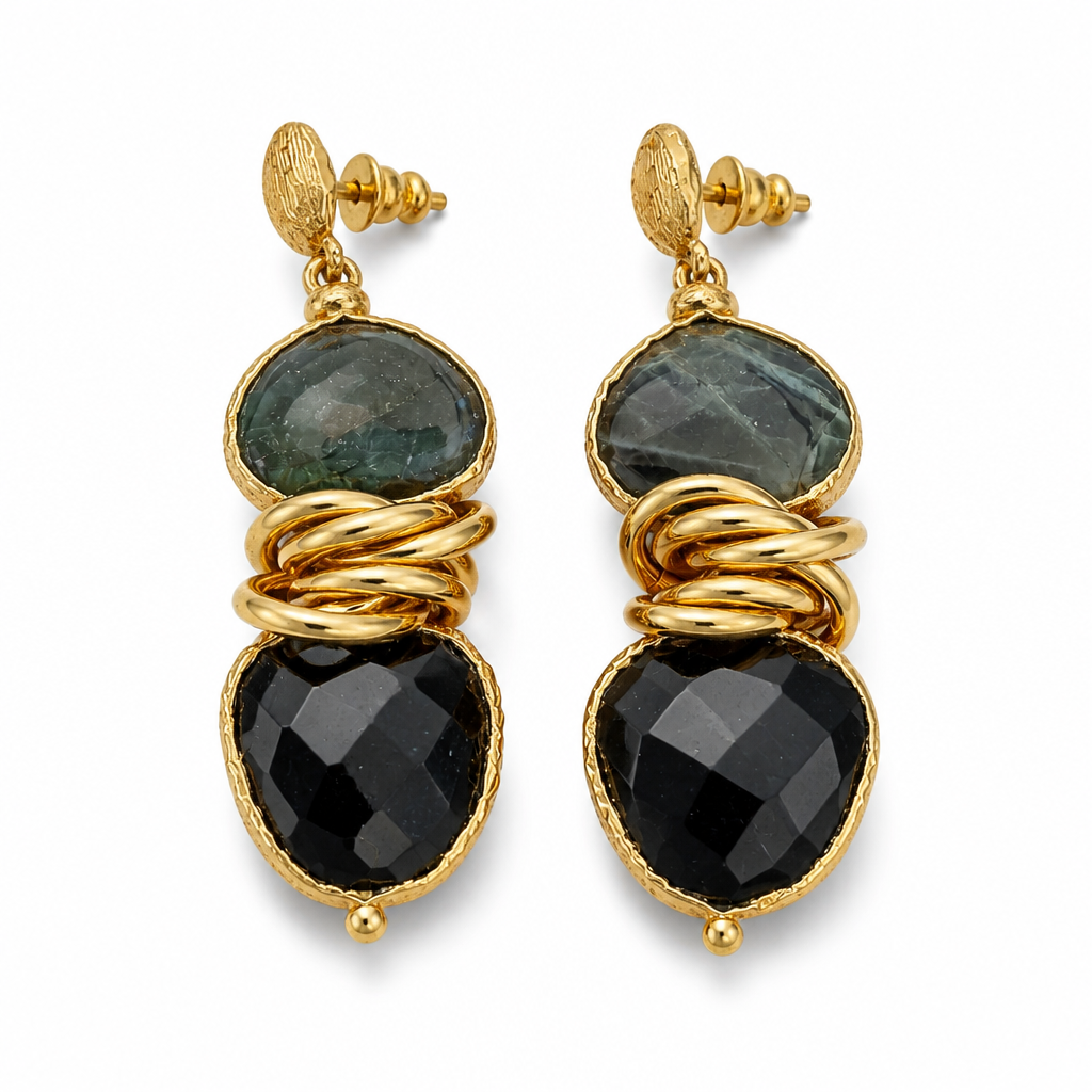 GAS BIJOUX - BOUCLES D'OREILLES SIRENA 2.0 - LABRADORITE ET ONYX
