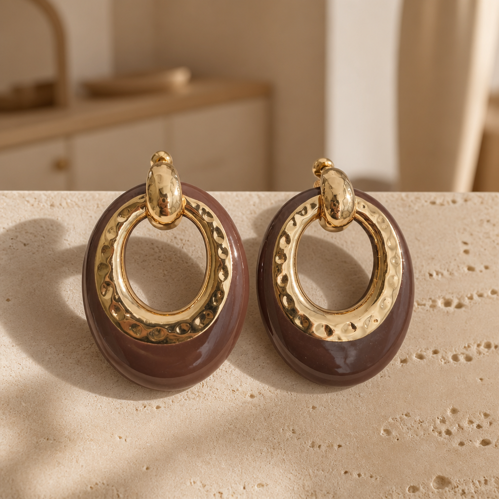 GAS BIJOUX - BOUCLES D'OREILLES GRAND MODELE - ACETATE MARRON - métal doré