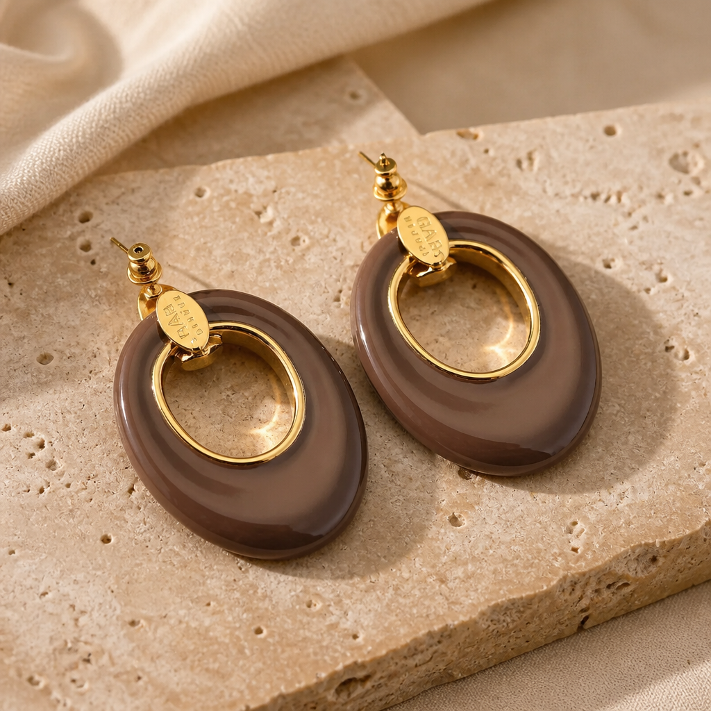 GAS BIJOUX - BOUCLES D'OREILLES GRAND MODELE - ACETATE MARRON - métal doré