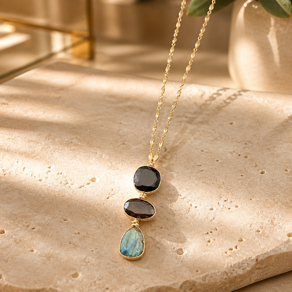 GAS BIJOUX - SAUTOIR SIRENE - ONYX - QUARTZ FUME - LABRADORITE - métal doré