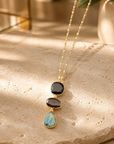 GAS BIJOUX - SAUTOIR SIRENE - ONYX - QUARTZ FUME - LABRADORITE - métal doré