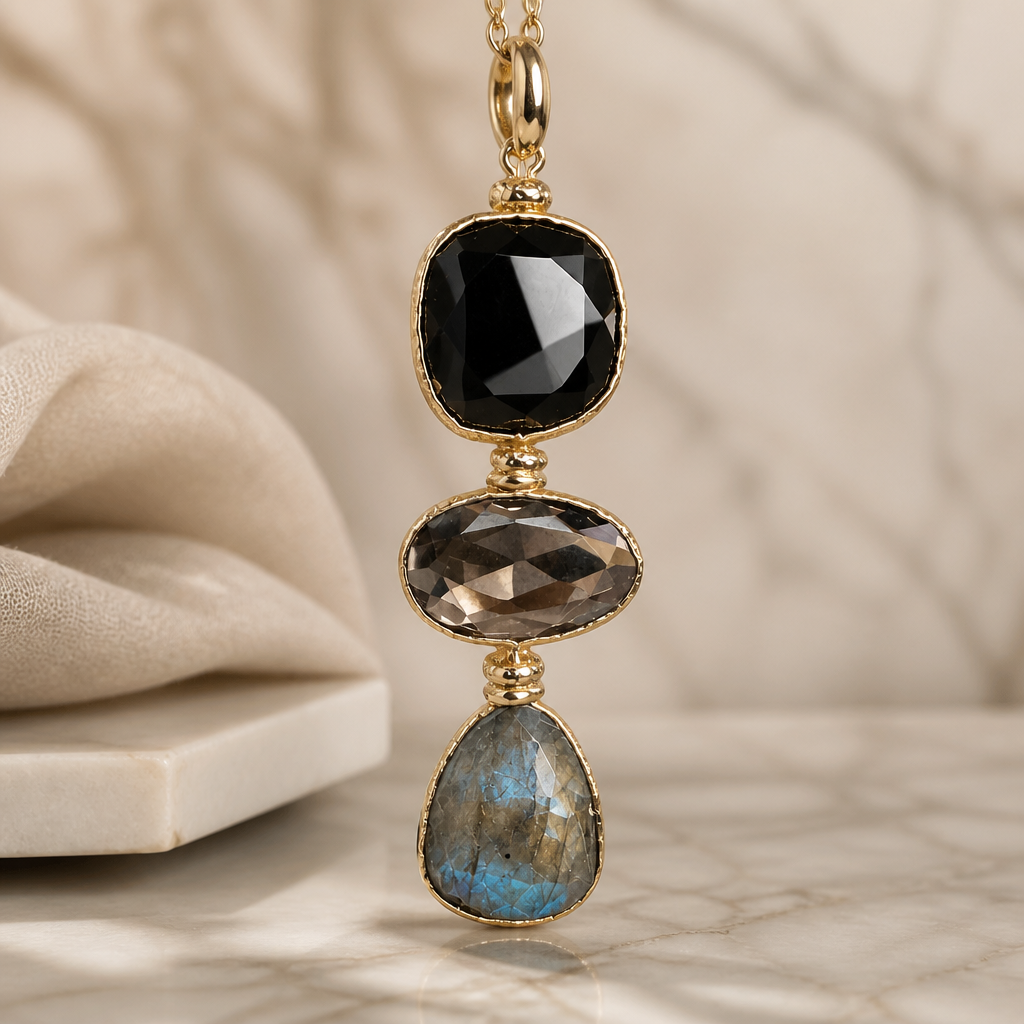 GAS BIJOUX - SAUTOIR SIRENE - ONYX - QUARTZ FUME - LABRADORITE - métal doré