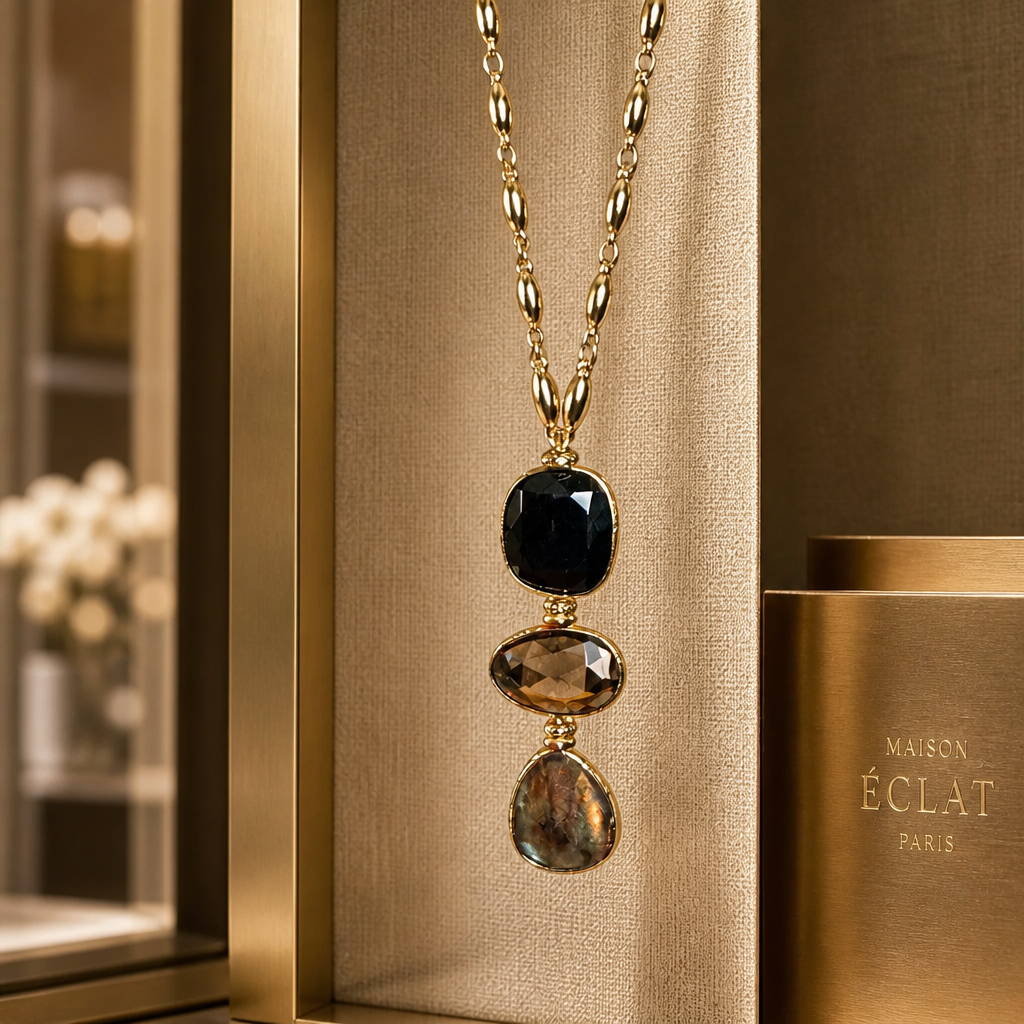 GAS BIJOUX - SAUTOIR SIRENE - ONYX - QUARTZ FUME - LABRADORITE - métal doré
