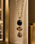 GAS BIJOUX - SAUTOIR SIRENE - ONYX - QUARTZ FUME - LABRADORITE - métal doré
