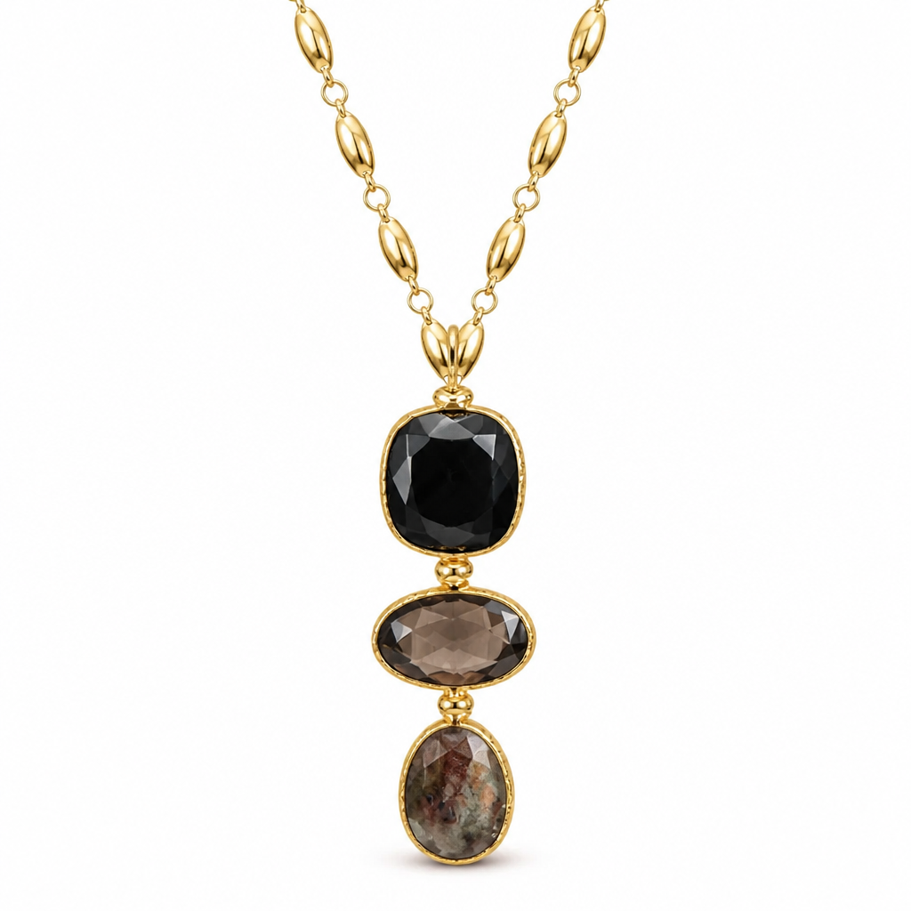 GAS BIJOUX - SAUTOIR SIRENE - ONYX - QUARTZ FUME - LABRADORITE - métal doré