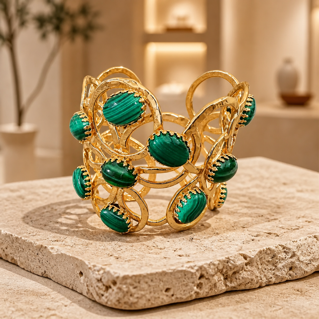GAS BIJOUX - MANCHETTE OLYMPIE - MALACHITE - Métal doré