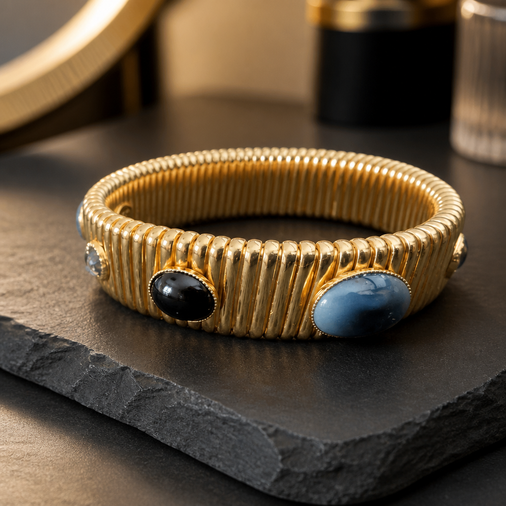 GAS BIJOUX - BRACELET STRADA MOYEN MODÈLE - CABOCHONS NOIR ET GRIS - Métal doré