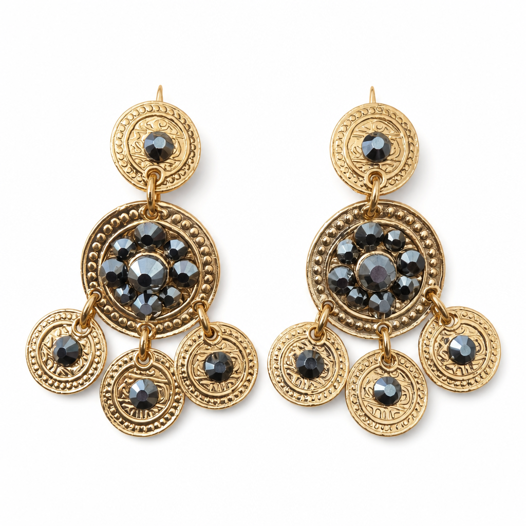 GAS BIJOUX - BOUCLES D'OREILLES DORMEUSES SEQUINS DEUC RANGS - CRISTAUX GRIS - Métal doré