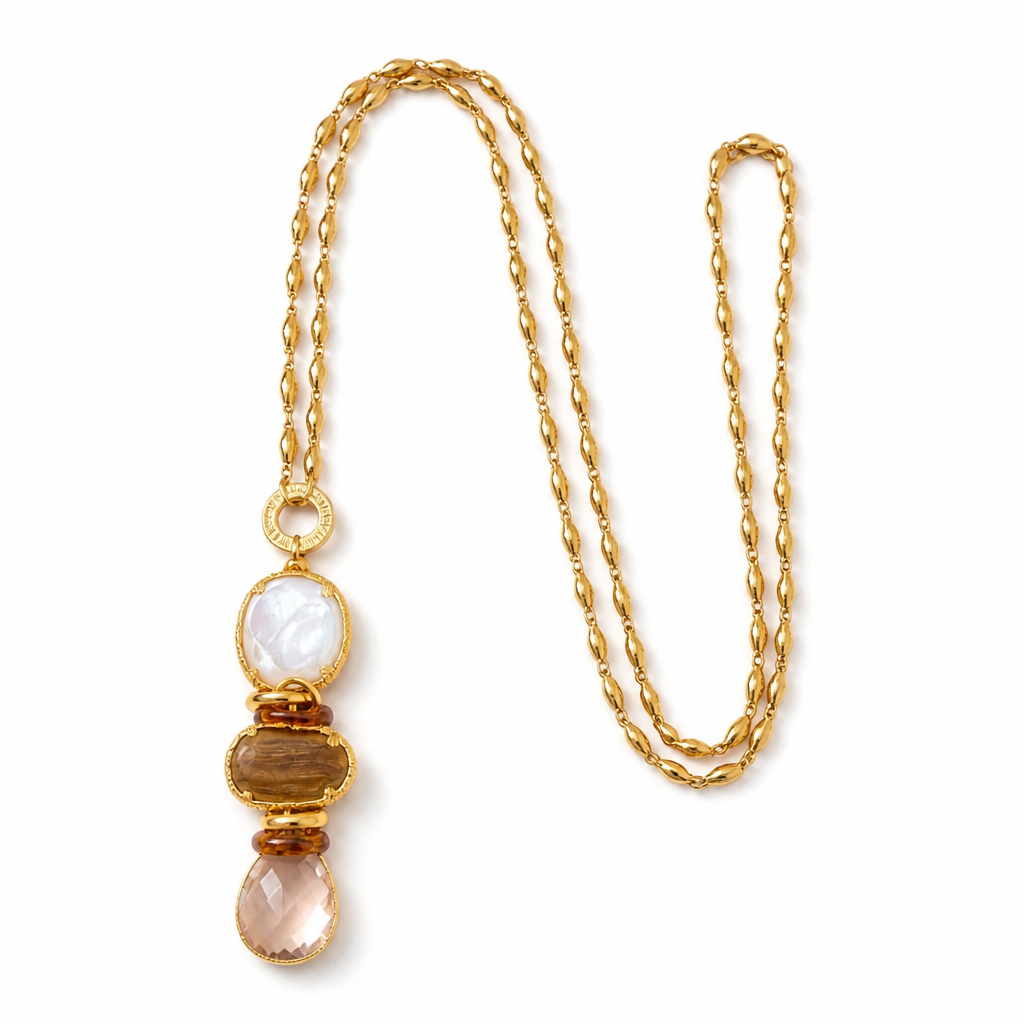 GAS BIJOUX - SAUTOIR SIREINE DORÉE - NACRE - BOIS - QUARTZ