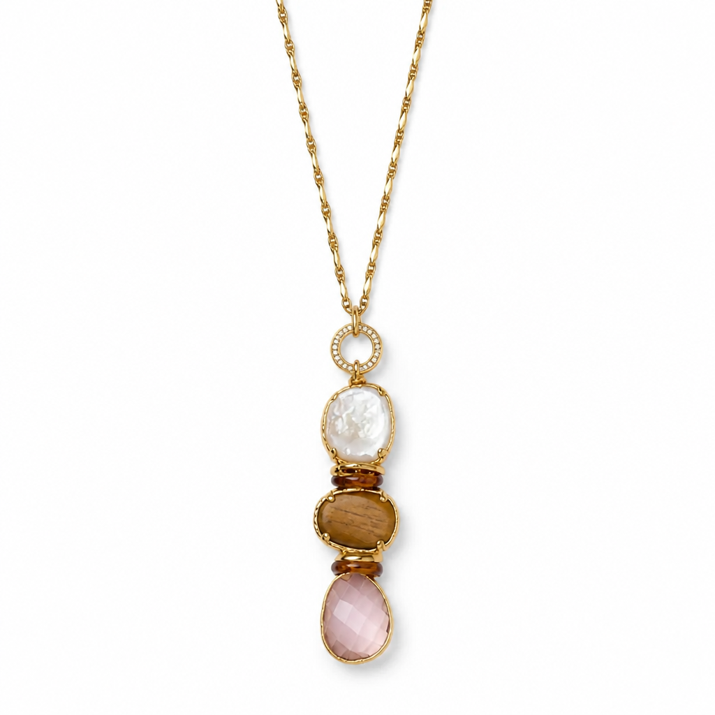 GAS BIJOUX - SAUTOIR SIREINE DORÉE - NACRE - BOIS - QUARTZ