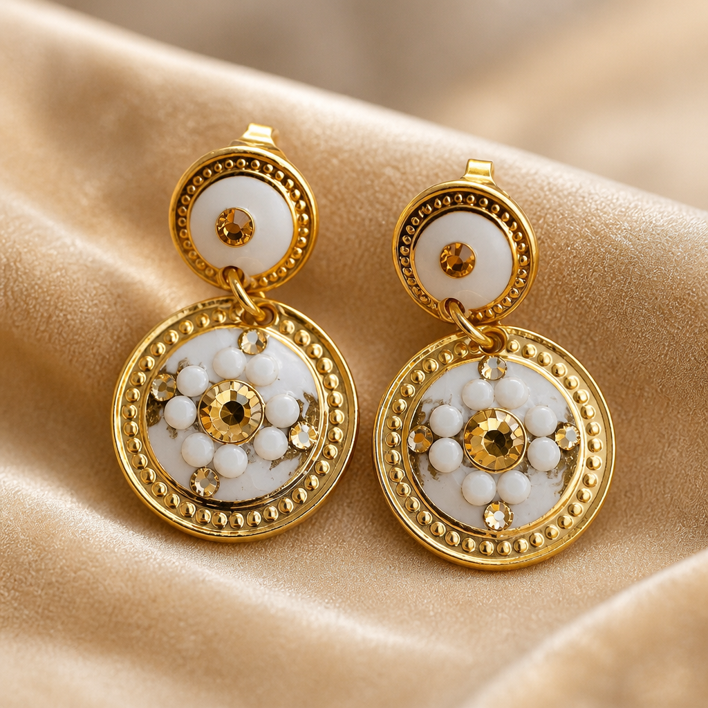 GAS BIJOUX - BOUCLES D'OREILLES SEQUINS DORÉES - BLANCHES ET CRISTAUX DORÉES