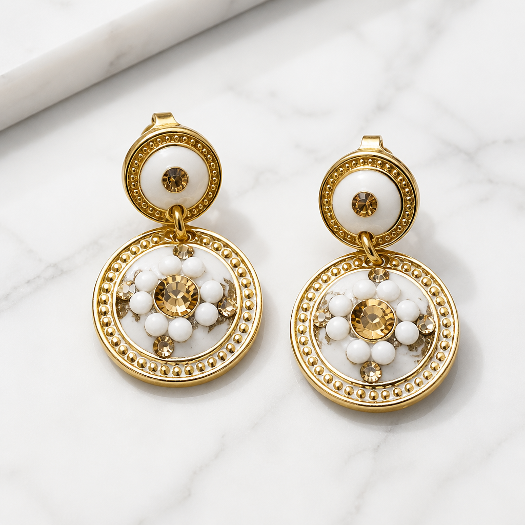 GAS BIJOUX - BOUCLES D'OREILLES SEQUINS DORÉES - BLANCHES ET CRISTAUX DORÉES