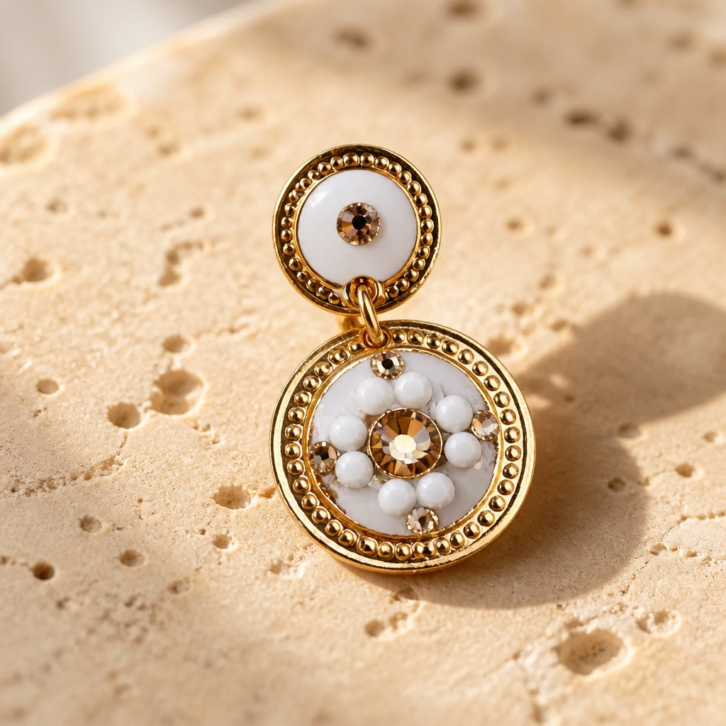 GAS BIJOUX - BOUCLES D'OREILLES SEQUINS DORÉES - BLANCHES ET CRISTAUX DORÉES