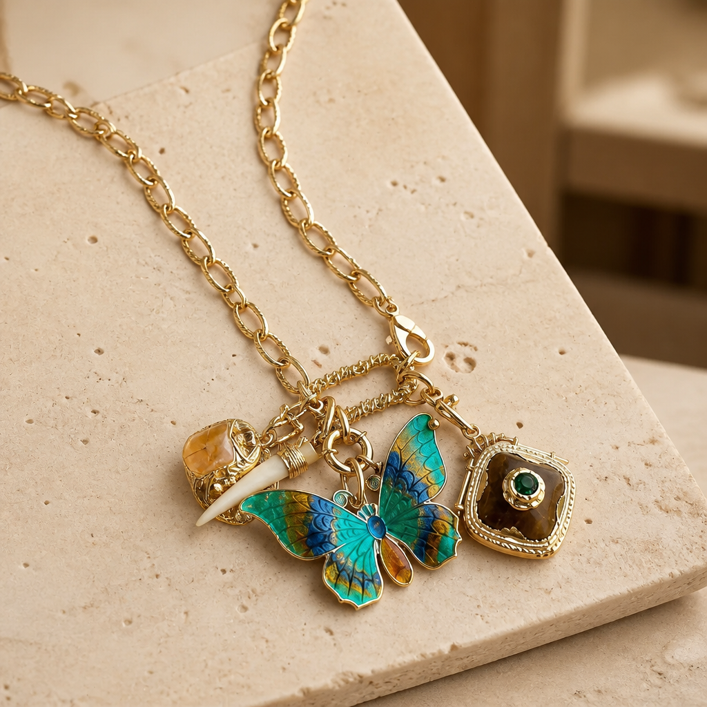 GAS BIJOUX - COLLIER CONSTANTINE DORÉE - CHARMS PAPILLON TONS DE BLEUS
