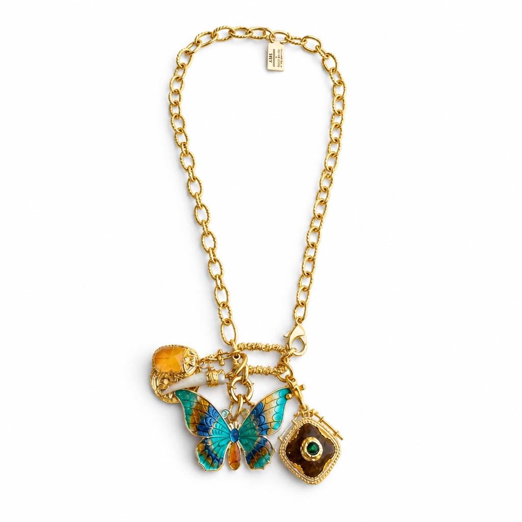 GAS BIJOUX - COLLIER CONSTANTINE DORÉE - CHARMS PAPILLON TONS DE BLEUS