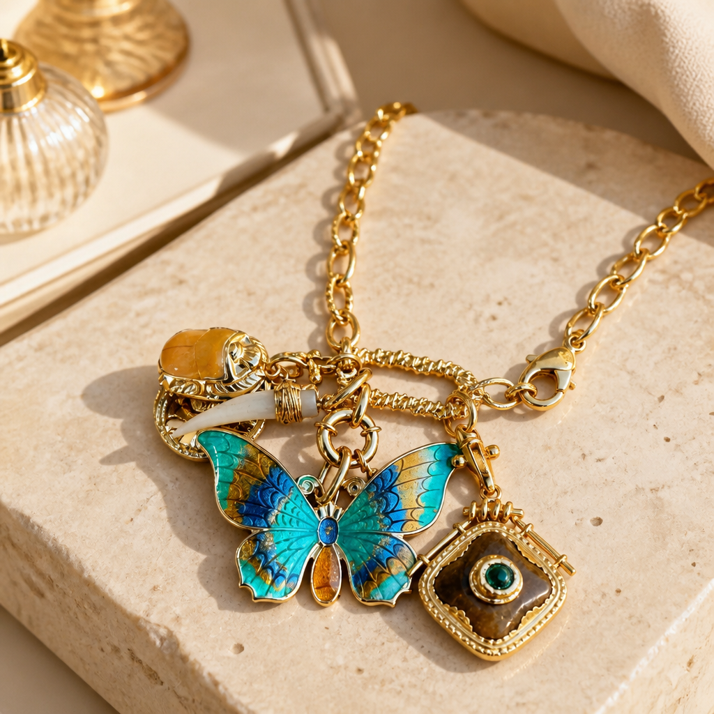 GAS BIJOUX - COLLIER CONSTANTINE DORÉE - CHARMS PAPILLON TONS DE BLEUS