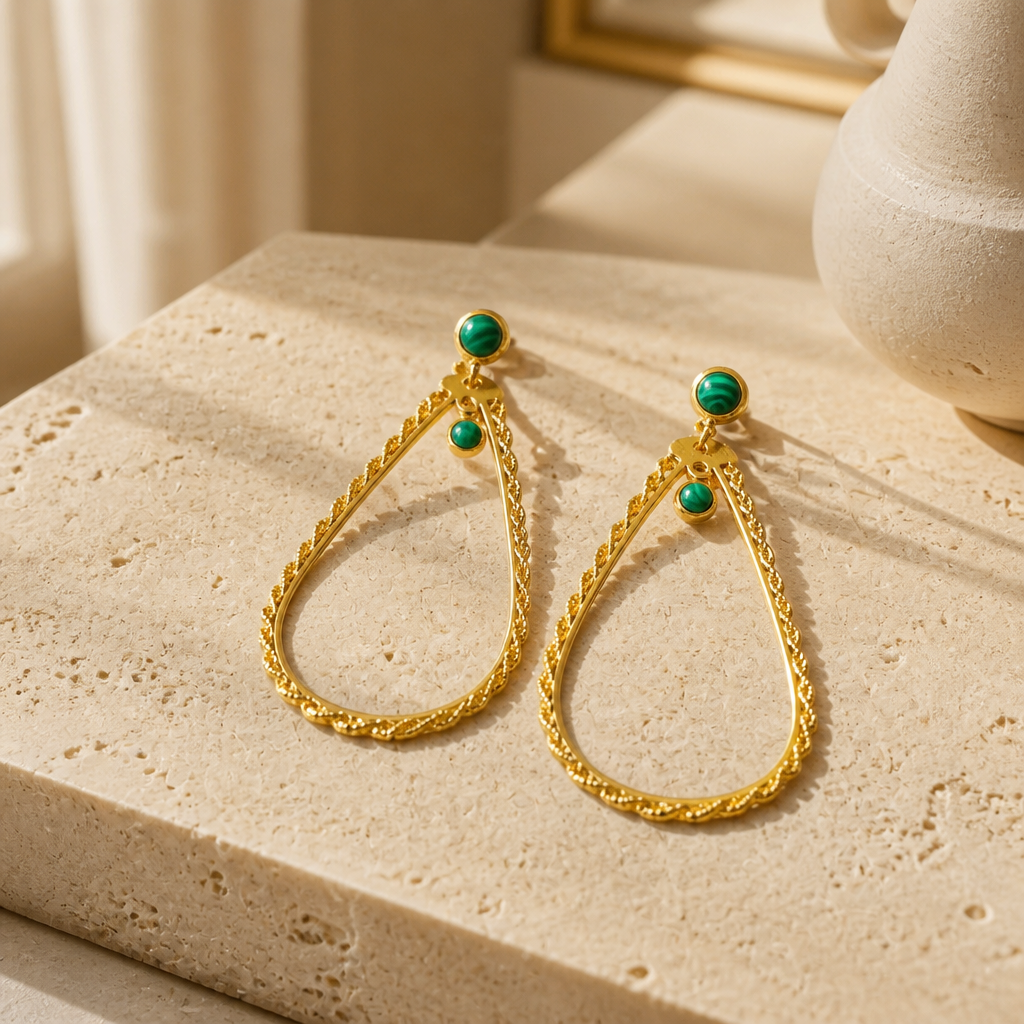 ZAG BIJOUX - BOUCLES D'OREILLES FORME GOUTTES DORÉES ET MALACHITE