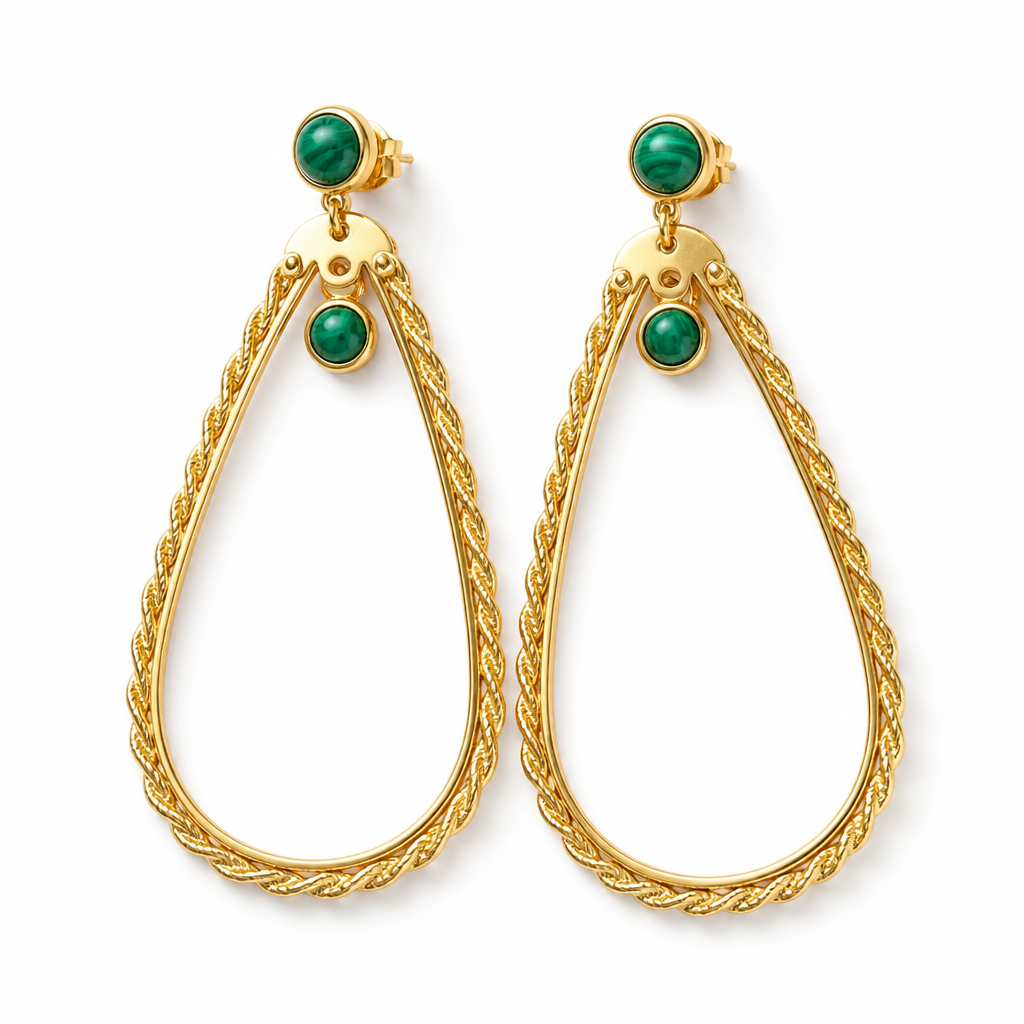 ZAG BIJOUX - BOUCLES D'OREILLES FORME GOUTTES DORÉES ET MALACHITE