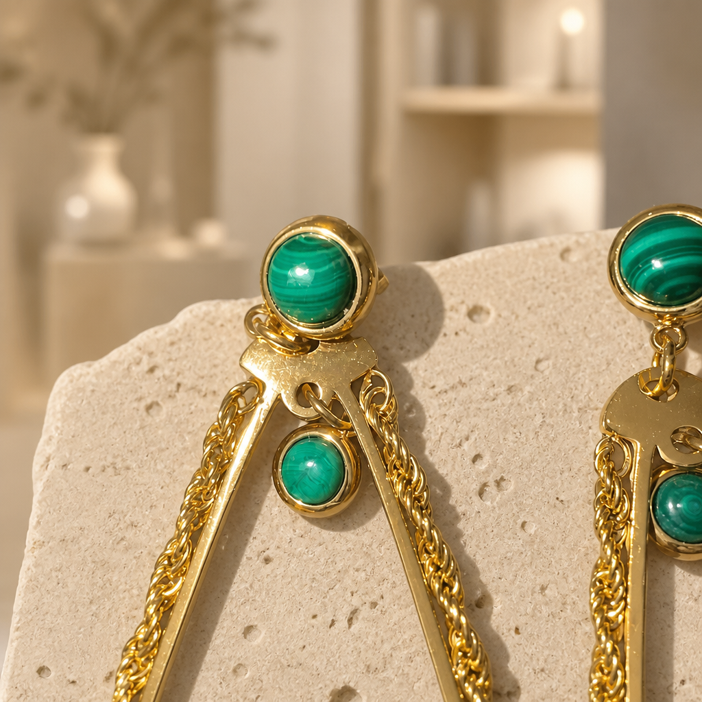 ZAG BIJOUX - BOUCLES D'OREILLES FORME GOUTTES DORÉES ET MALACHITE