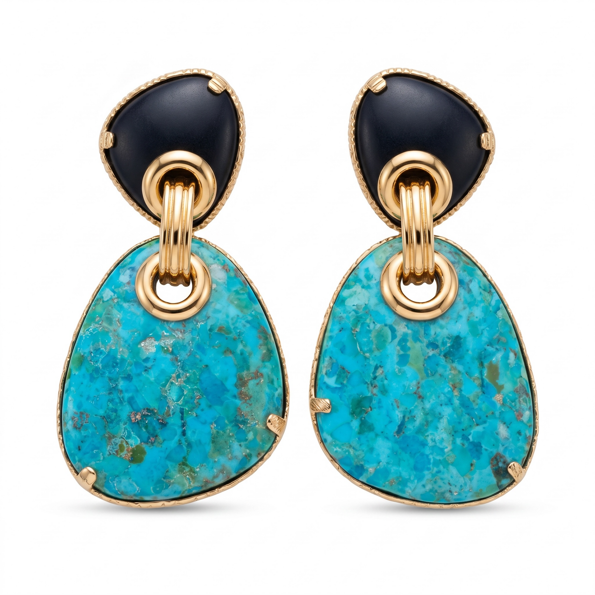 GAS BIJOUX - BOUCLES D'OREILLES SILIA GRAND MODELE TIGES DROITES DORÉES - TURQUOISE ET ONYX NOIR