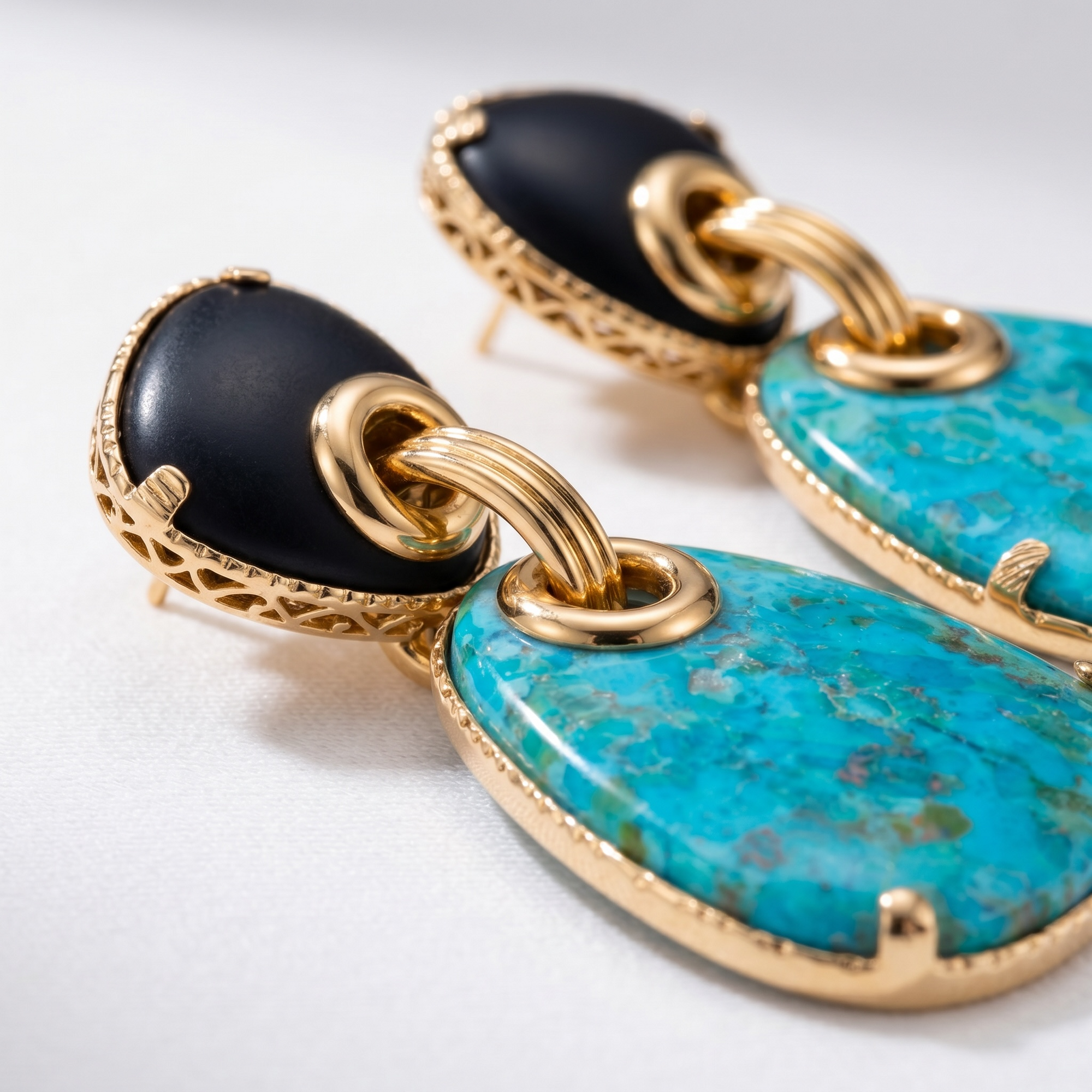 GAS BIJOUX - BOUCLES D'OREILLES SILIA GRAND MODELE TIGES DROITES DORÉES - TURQUOISE ET ONYX NOIR