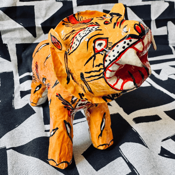 Statuette Tigre Tête Articulée, Papier Mâché, Inde