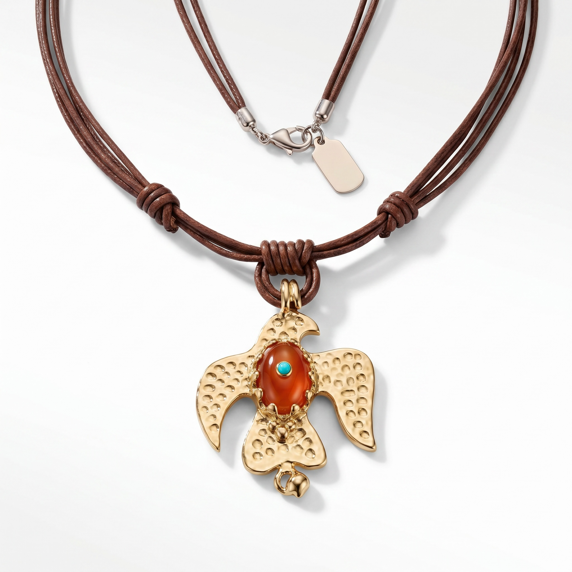 BY TOPAZE pendentif aigle en métal doré martelé avec pierre rouge orangé et turquoise sur cordon cuir marron