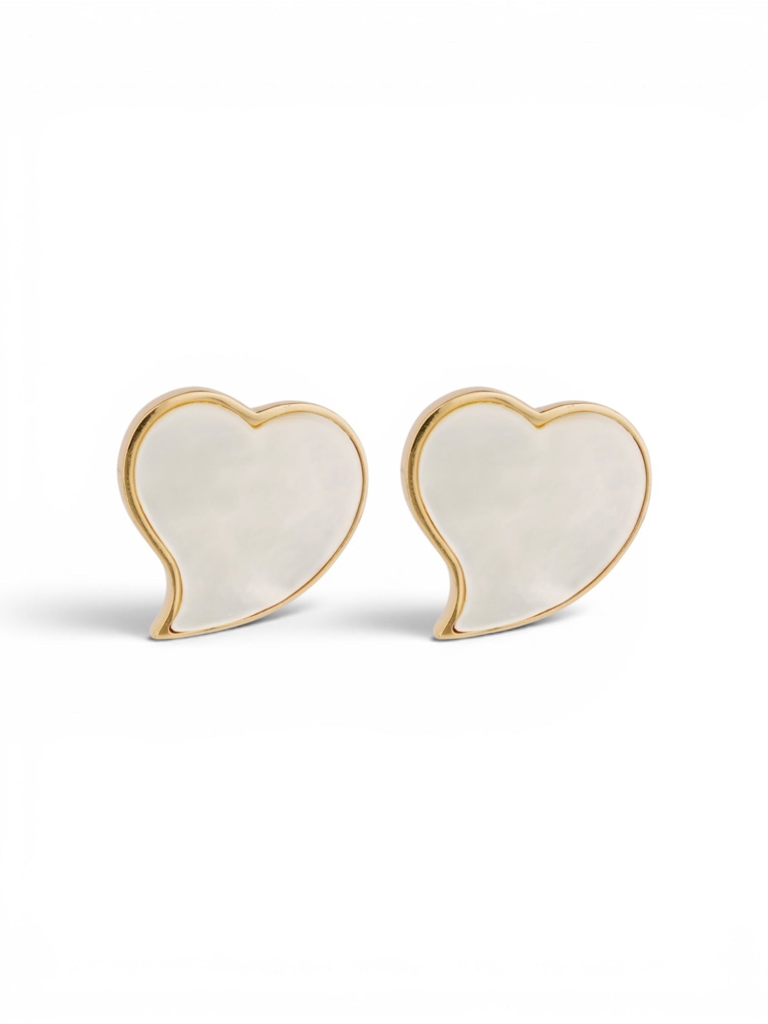 BY TOPAZE gold-plated heart stud earrings with white mother-of-pearl inlay, handmade in Marseille.