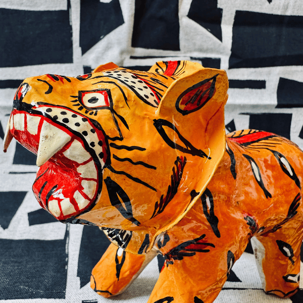 Statuette Tigre Tête Articulée, Papier Mâché, Inde