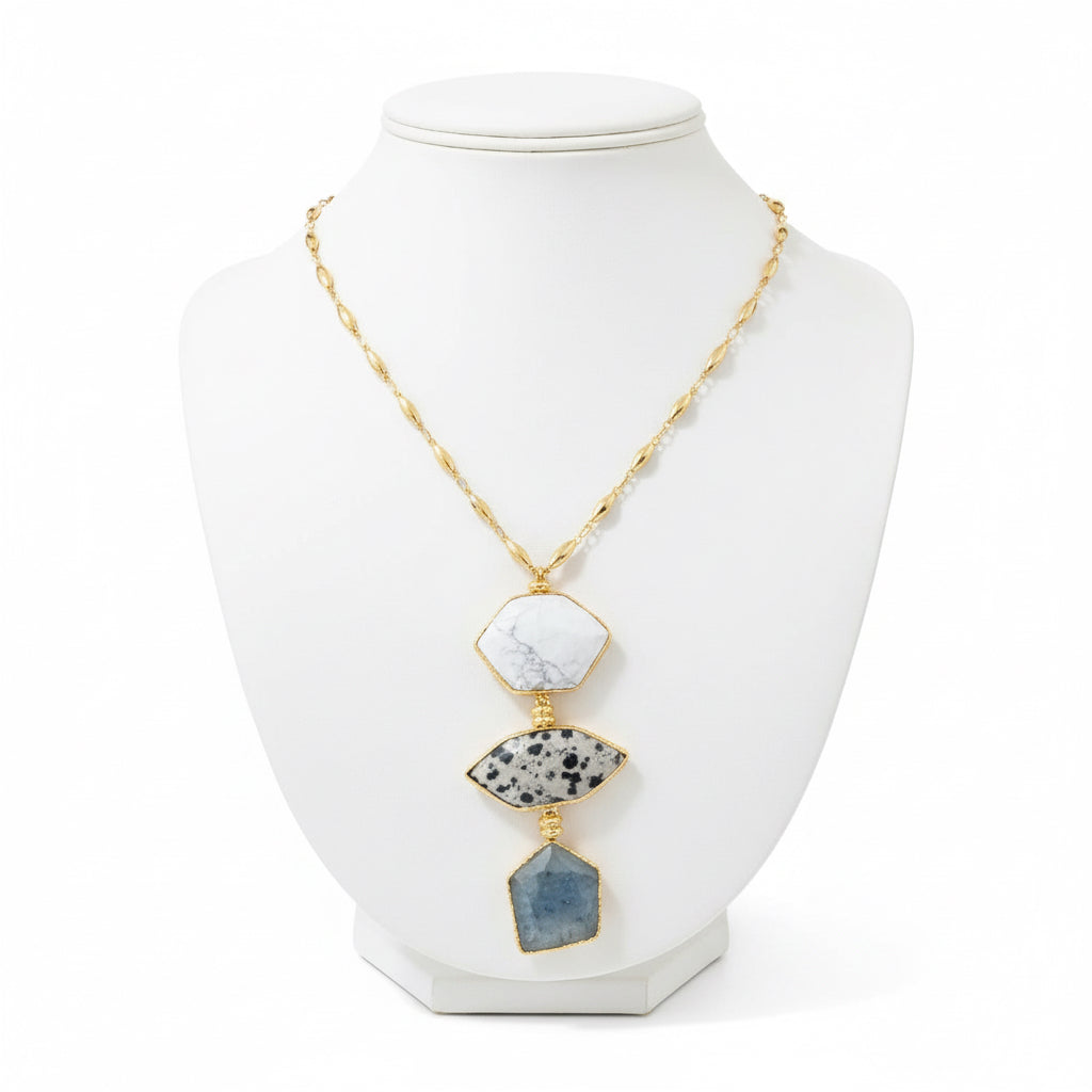 GAS BIJOUX - Sautoir SILENZA doré à l'or fin - Opale blanc, Jaspe dalmatien et Agathe verte